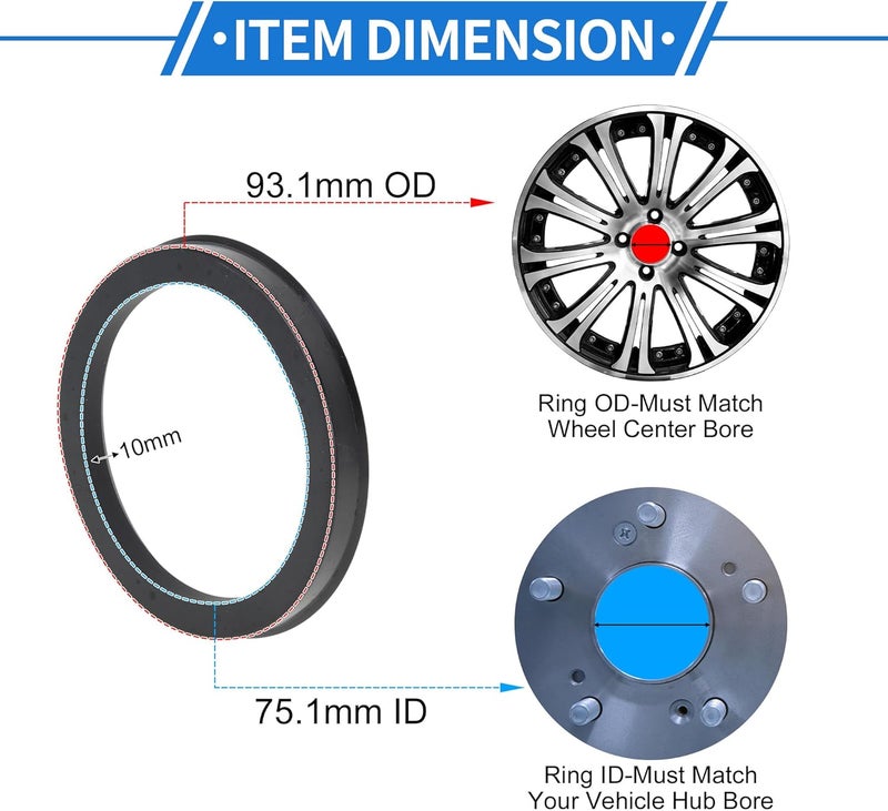 VekAuto 93.1mm to 75.1mm Car Wheel Hub Centric Rings Black Polycarbonate Wheels Center Shaft Shock Absorbing Hubrings 4 Pcs - Image 3